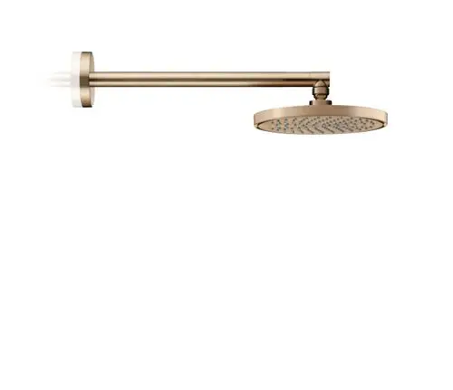 Kopfbrause in Brushed Bronze mit einem einzigen Wasserstrahl. Teil der ShowerSolutions-Serie von AXOR, montiert an einem langen Arm für Oberflächenmontage.